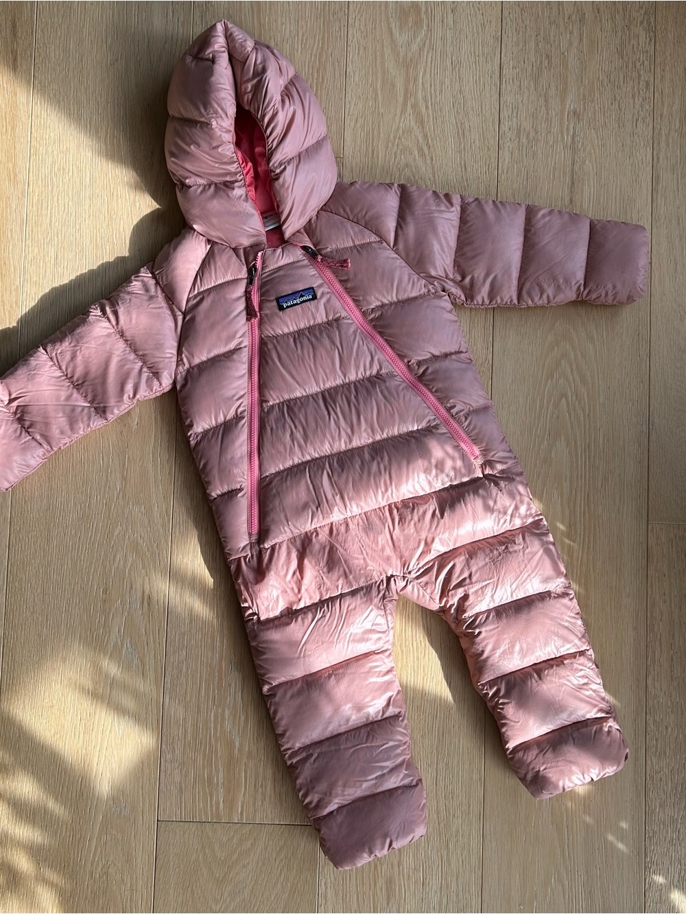 Patagonia Pink Quilted Hooded baby Snowsuit | fits large
